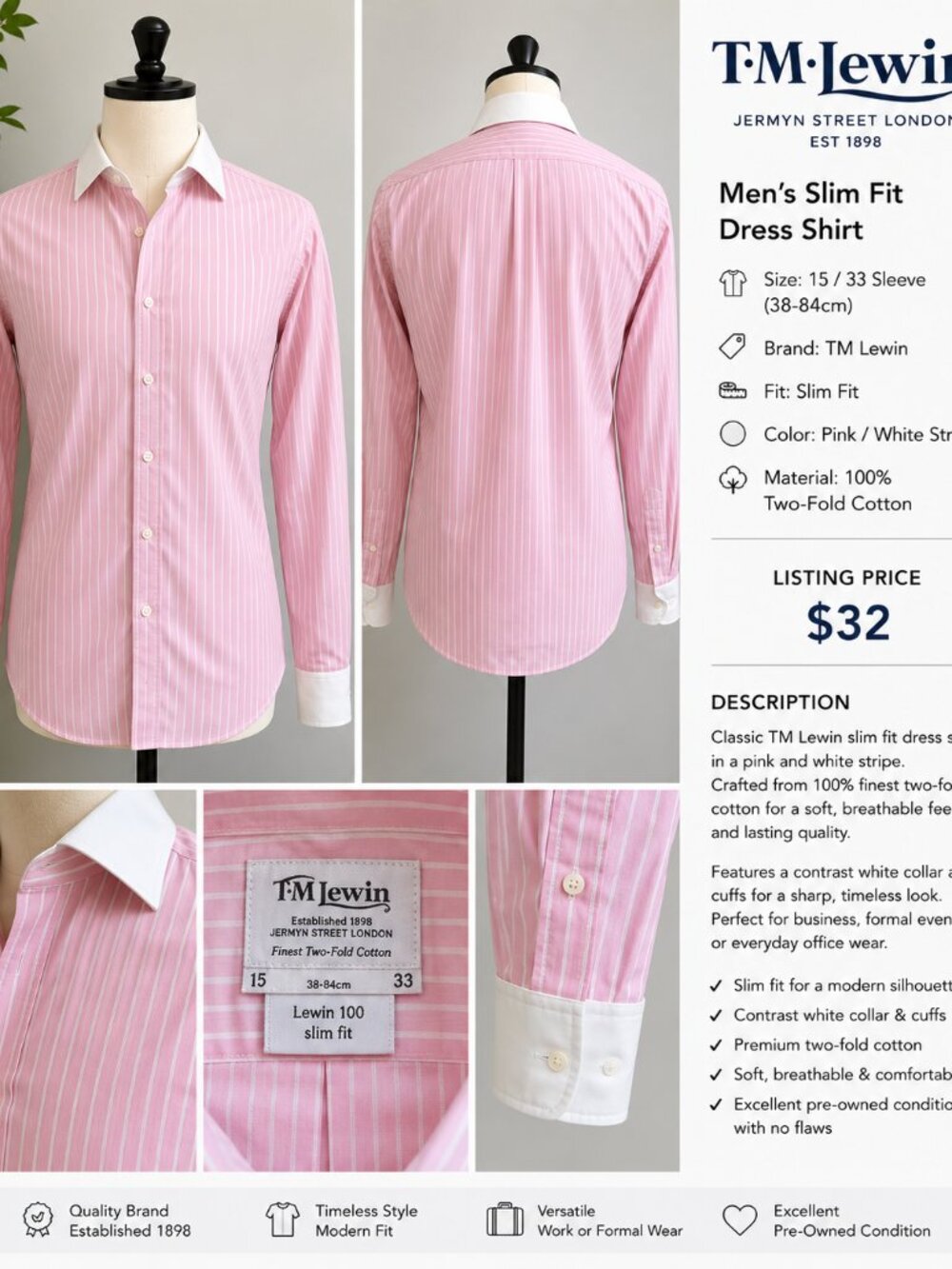 T.M. Lewin Men’s Pink Stripe Slim Fit Dress Shirt 15/33 French Cuff Style
